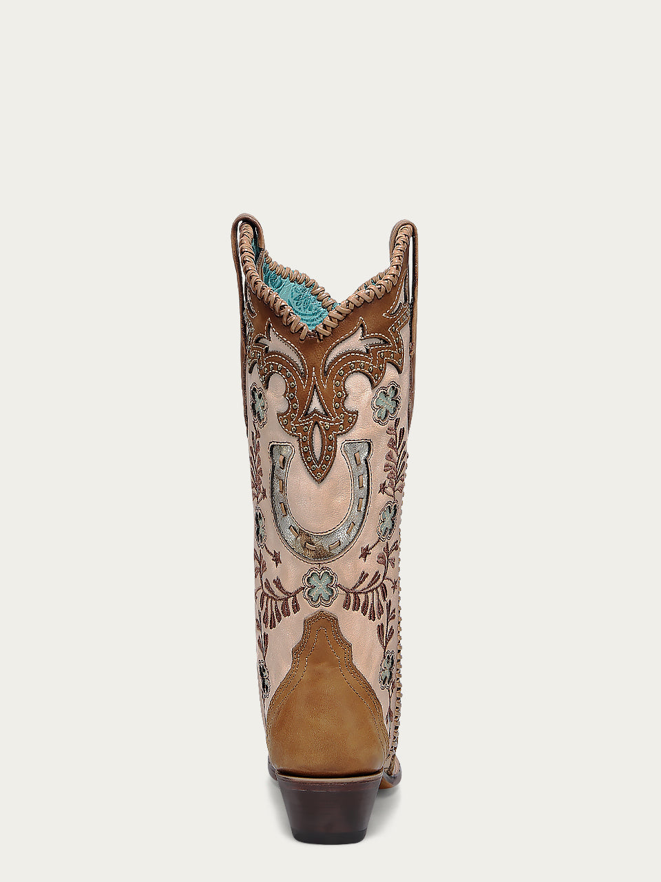 A4863 - WOMEN'S HONEY HORSESHOE OVERLAY EMBROIDERY STUDS HANDWOVEN SNIP TOE COWBOY BOOT