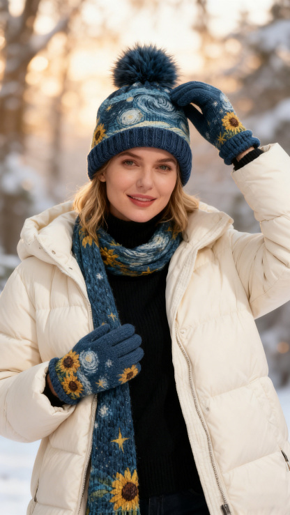 Womens Vangogh Sunflower 3PC Knit Hat Long Scarf and Touchscreen Gloves Set Fleece Lined Pom Pom Beanie Winter Gift 