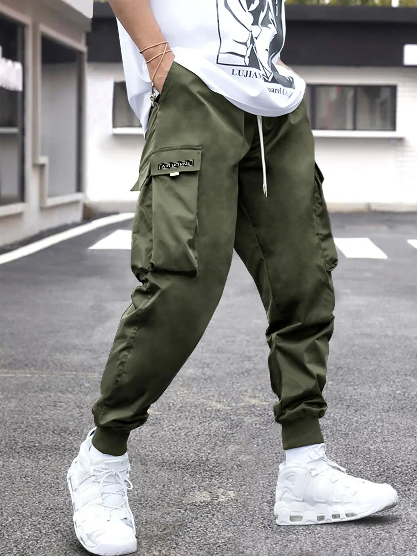 Men's Flap Pocket Streetwear Cargo Pants Drawstring Elastic Waist Techwear Jogger 