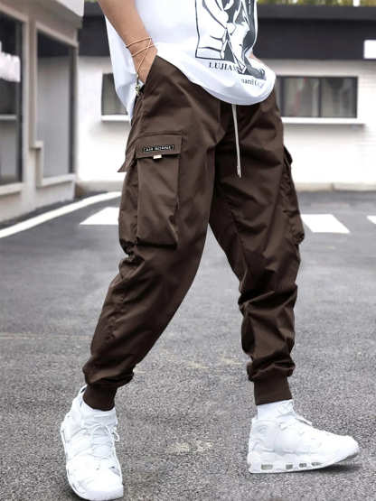Men's Flap Pocket Streetwear Cargo Pants Drawstring Elastic Waist Techwear Jogger 