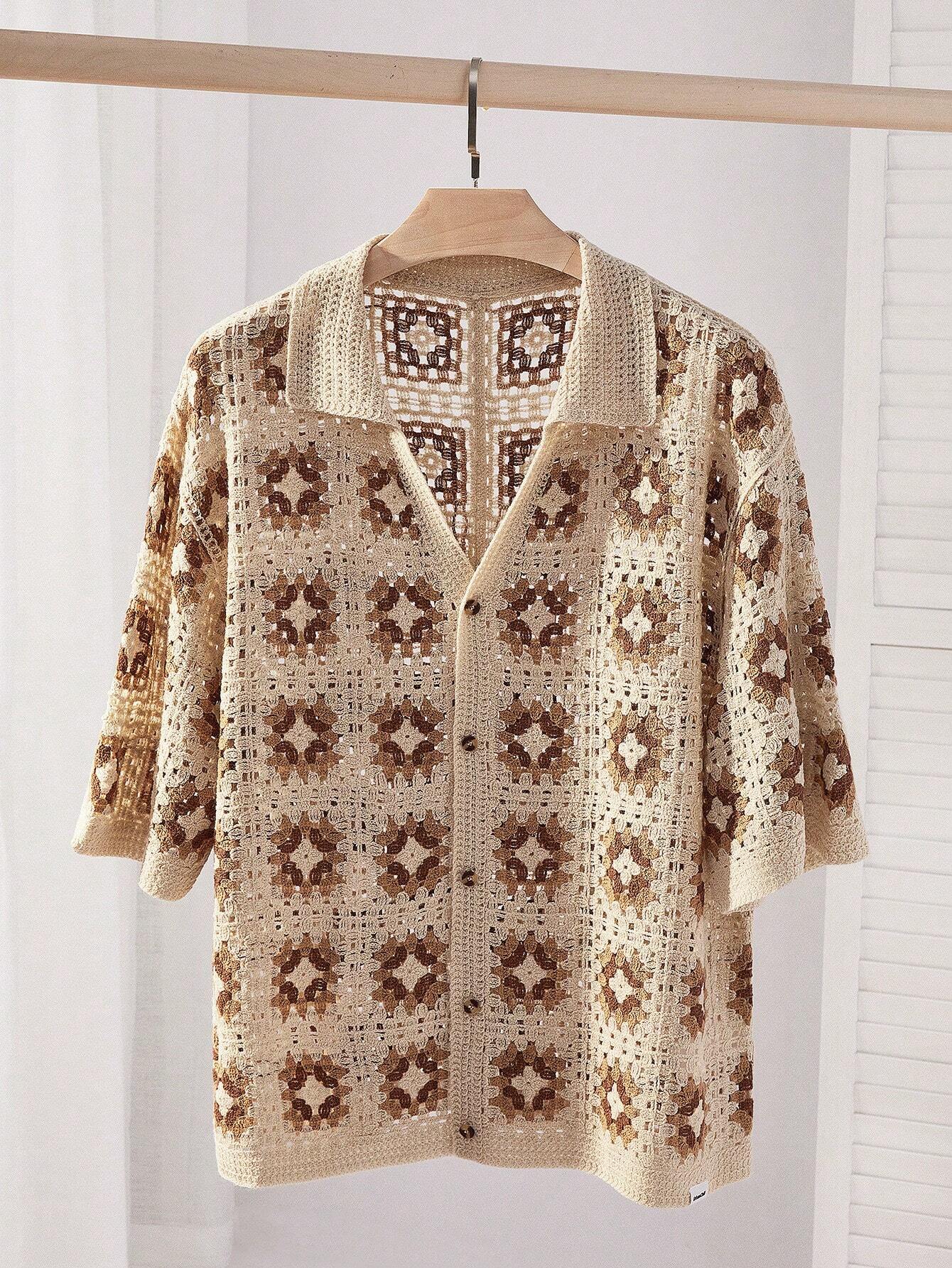 Men's Crochet Knit Button Down Shirt Short-Sleeve Boho Vacation Beach Shirt