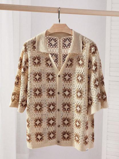 Men's Crochet Knit Button Down Shirt Short-Sleeve Boho Vacation Beach Shirt