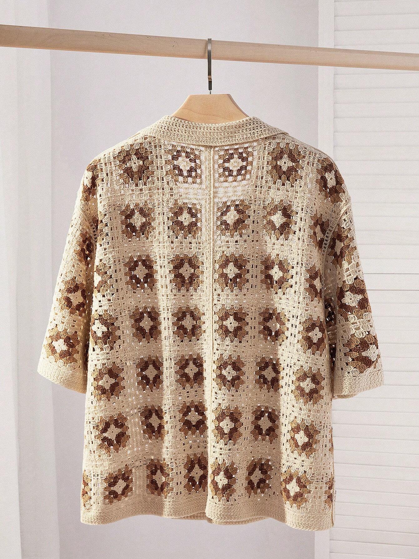 Men's Crochet Knit Button Down Shirt Short-Sleeve Boho Vacation Beach Shirt