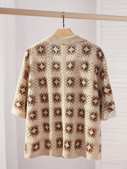 Men's Crochet Knit Button Down Shirt Short-Sleeve Boho Vacation Beach Shirt