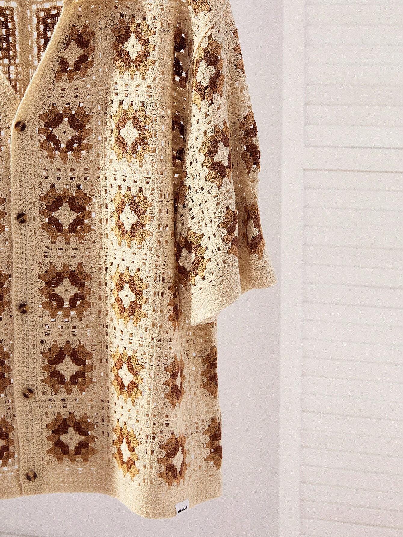 Men's Crochet Knit Button Down Shirt Short-Sleeve Boho Vacation Beach Shirt