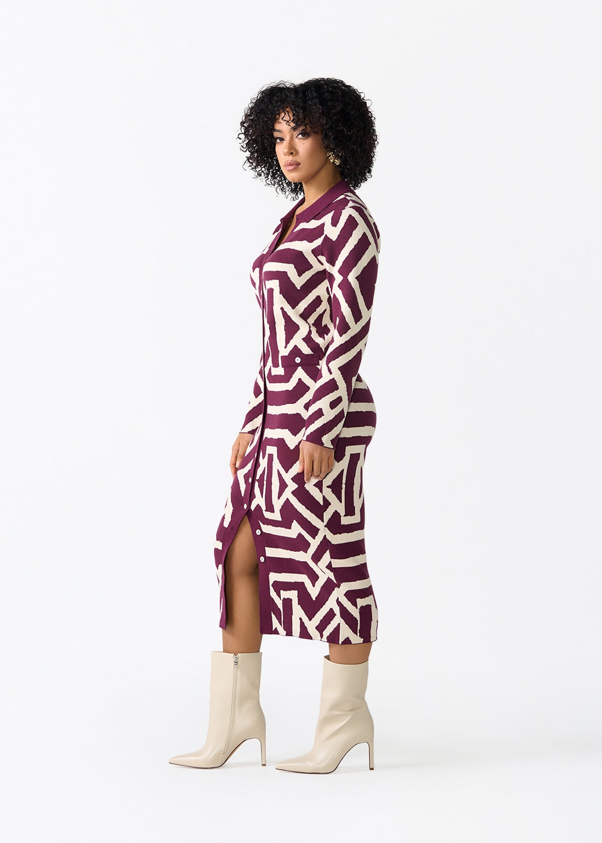 Fawzia Women's African Print Button-Up Sweater Dress (Cream Berry Tribal)