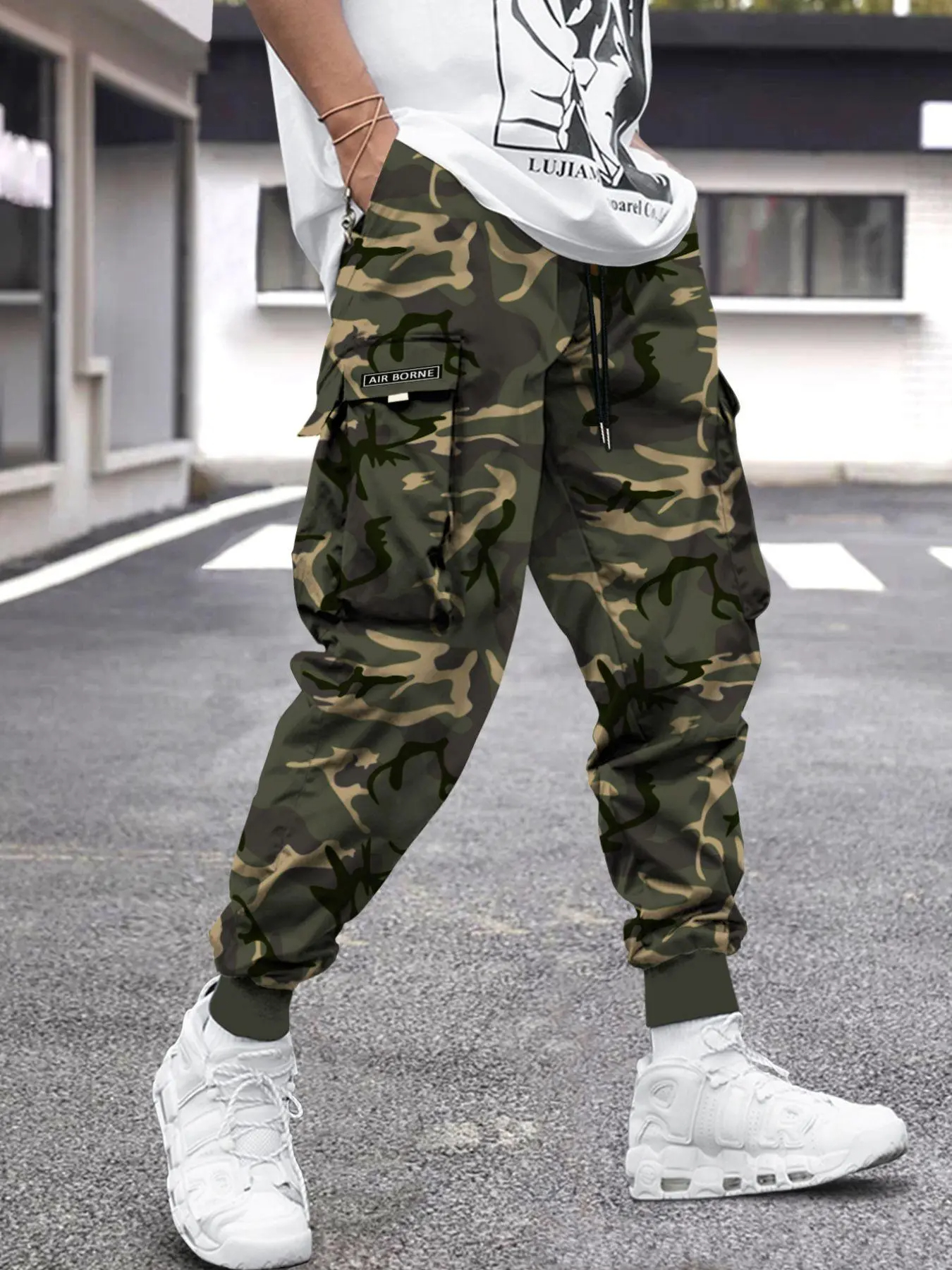 Men's Flap Pocket Streetwear Cargo Pants Drawstring Elastic Waist Techwear Jogger 