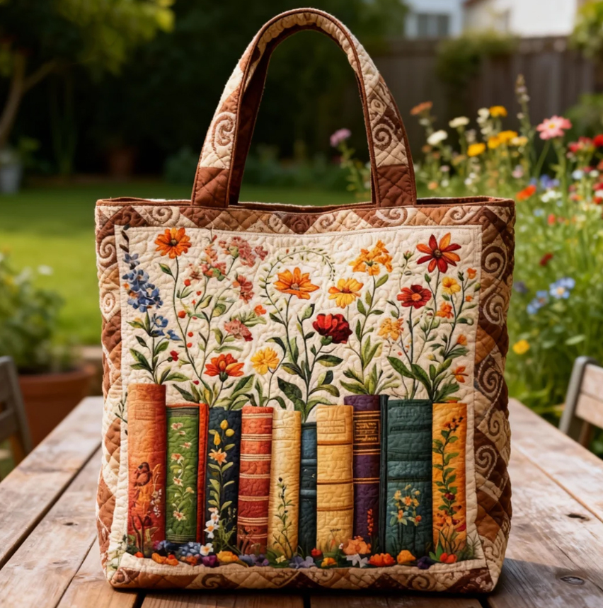 Book Flowers Quilted Tote Bag