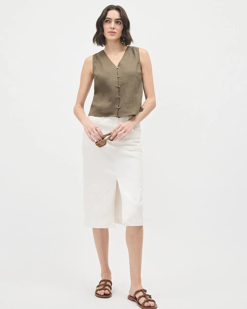 Sleeveless Button-Down Linen Blouse