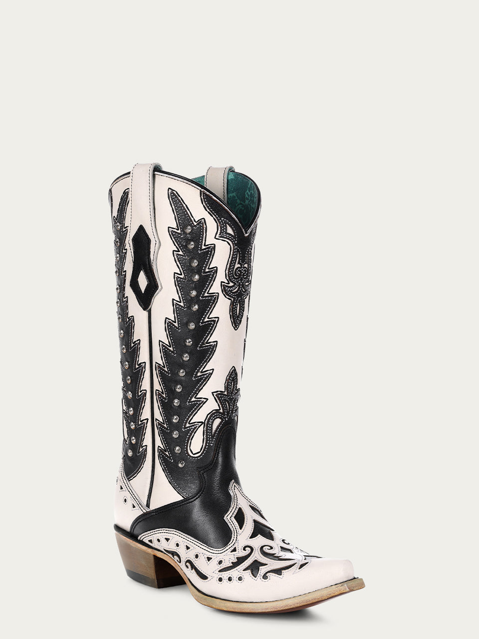 C4160 - WOMEN'S BLACK OVERLAY EMBROIDERY AND STUDS SNIP TOE WHITE COWBOY BOOT