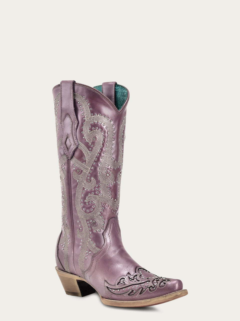 A4512 - WOMEN'S EMBROIDERY WITH CRYSTALS AND STUDS METALIC LILAC SNIP TOE STUDDED WING TIP COWBOY BOOT