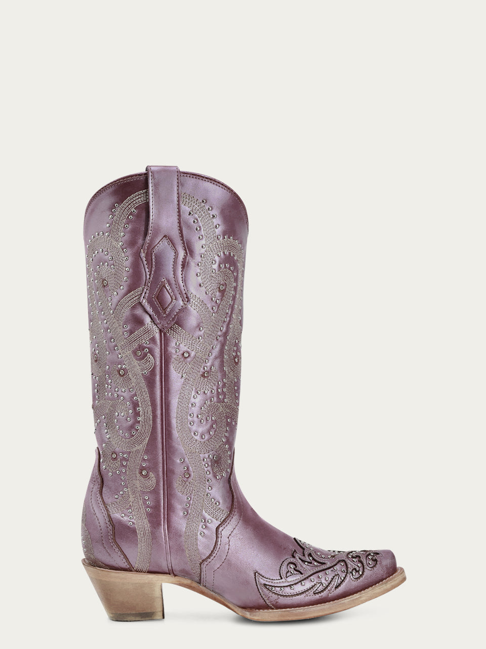 A4512 - WOMEN'S EMBROIDERY WITH CRYSTALS AND STUDS METALIC LILAC SNIP TOE STUDDED WING TIP COWBOY BOOT