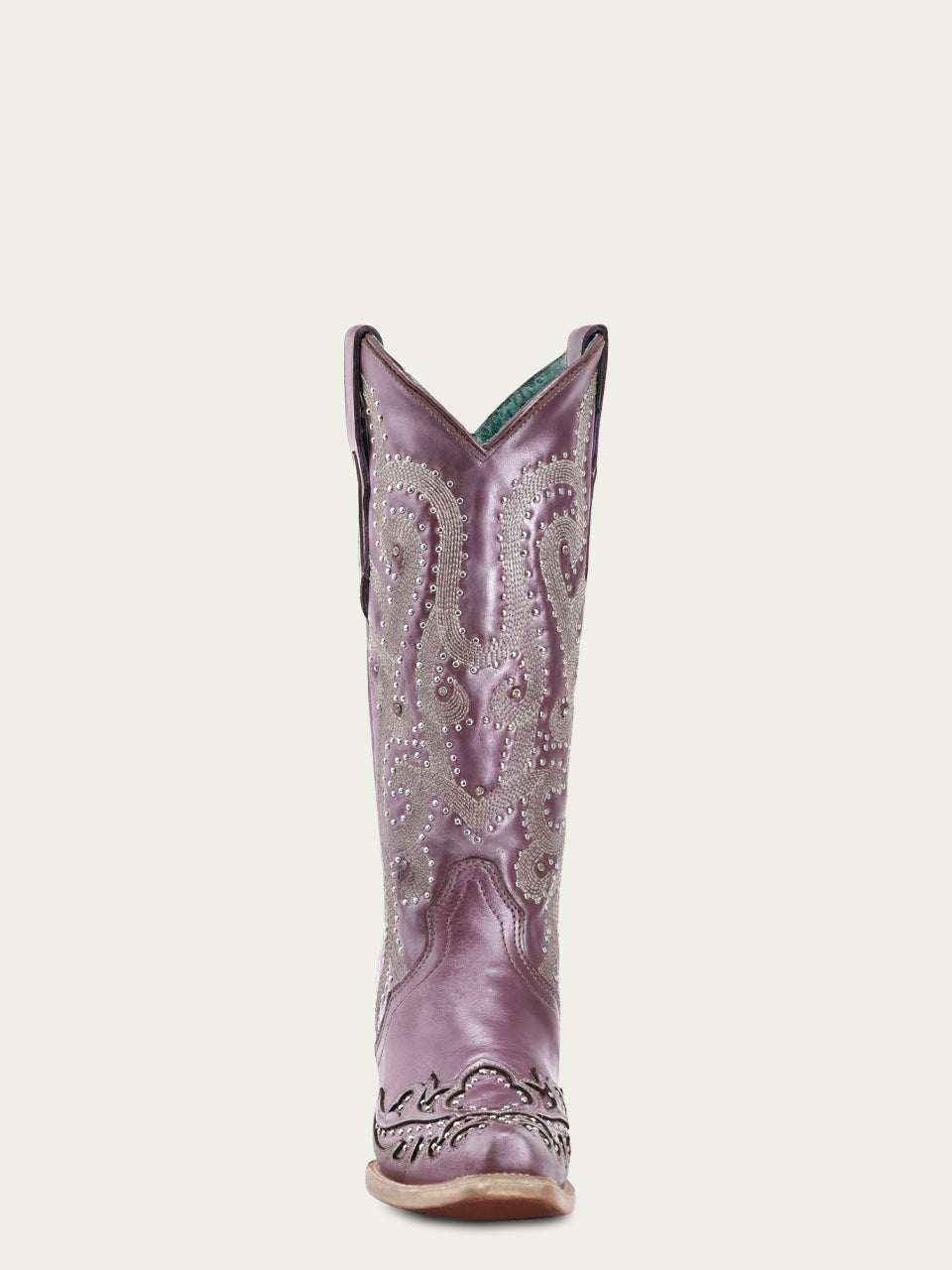 A4512 - WOMEN'S EMBROIDERY WITH CRYSTALS AND STUDS METALIC LILAC SNIP TOE STUDDED WING TIP COWBOY BOOT