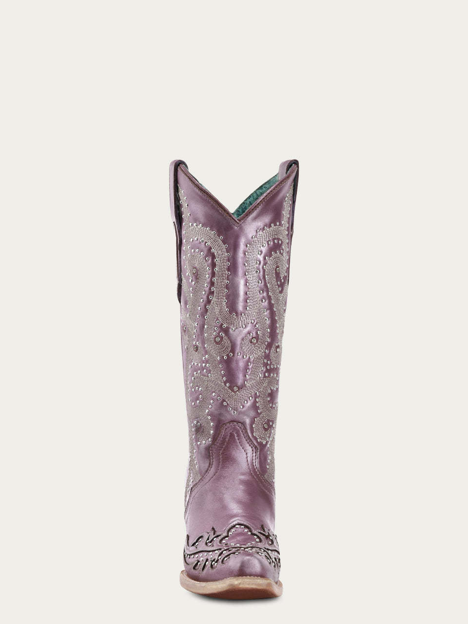 A4512 - WOMEN'S EMBROIDERY WITH CRYSTALS AND STUDS METALIC LILAC SNIP TOE STUDDED WING TIP COWBOY BOOT
