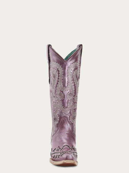 A4512 - WOMEN'S EMBROIDERY WITH CRYSTALS AND STUDS METALIC LILAC SNIP TOE STUDDED WING TIP COWBOY BOOT