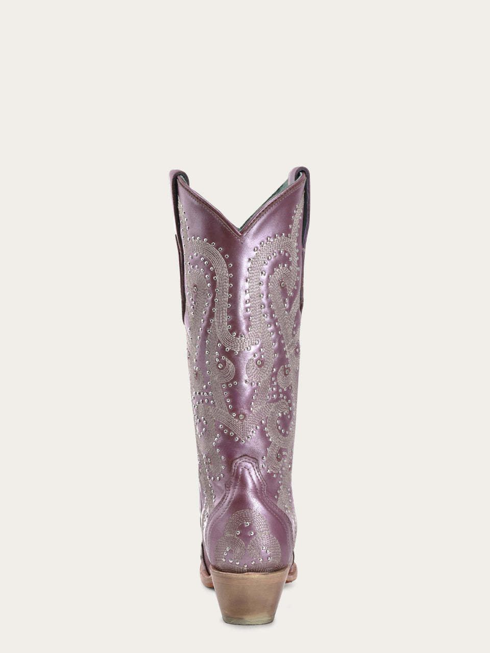 A4512 - WOMEN'S EMBROIDERY WITH CRYSTALS AND STUDS METALIC LILAC SNIP TOE STUDDED WING TIP COWBOY BOOT