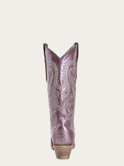 A4512 - WOMEN'S EMBROIDERY WITH CRYSTALS AND STUDS METALIC LILAC SNIP TOE STUDDED WING TIP COWBOY BOOT