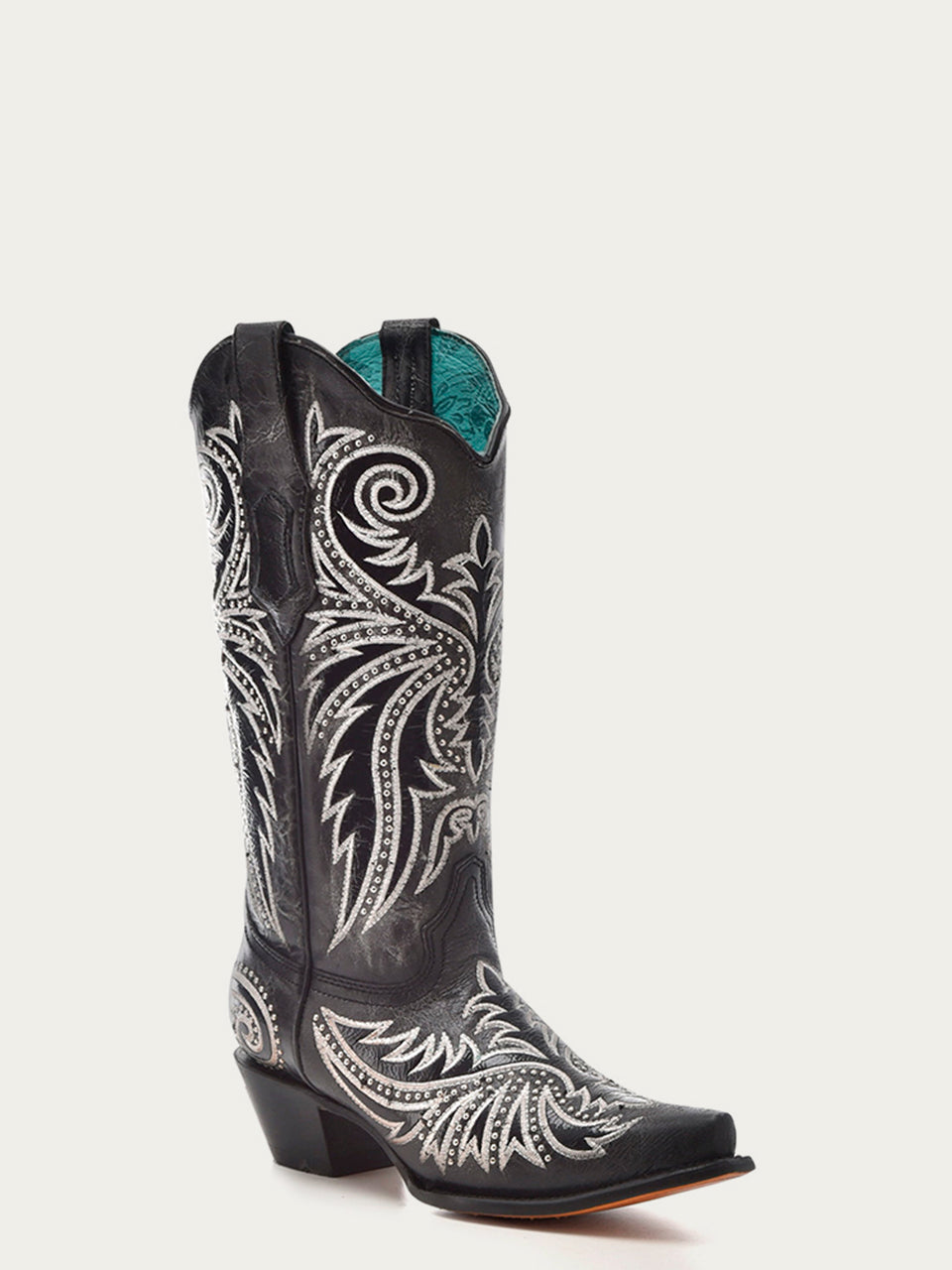 Z5209 - WOMEN'S WHITE EMBROIDERY, OVERLAY AND STUDS BLACK SNIPT TOE COWBOY BOOT