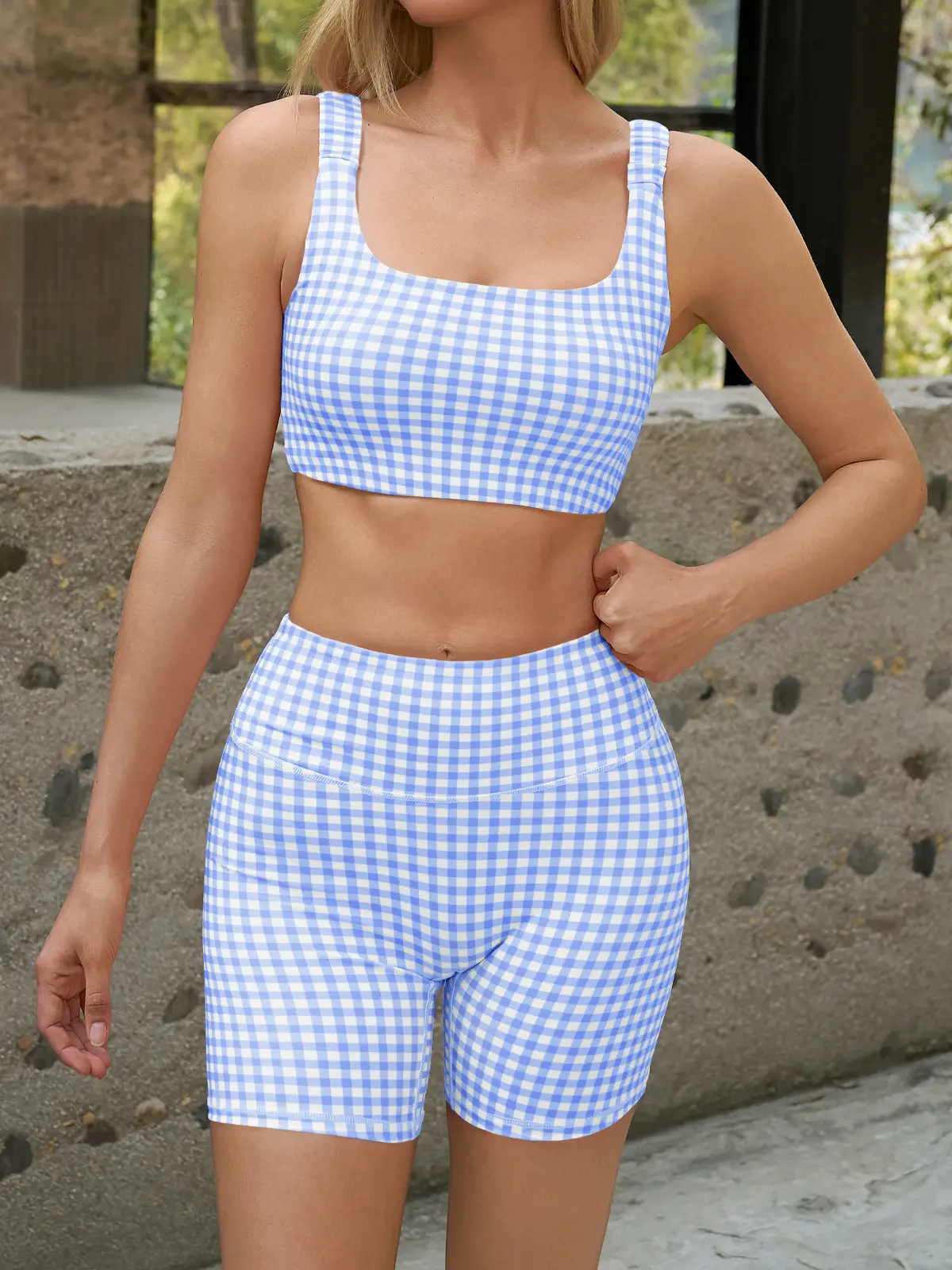 Women's 2-Piece Athleisure Wear Set Padded Gingham Crop Tank Top & High Waisted Sports Yoga Short