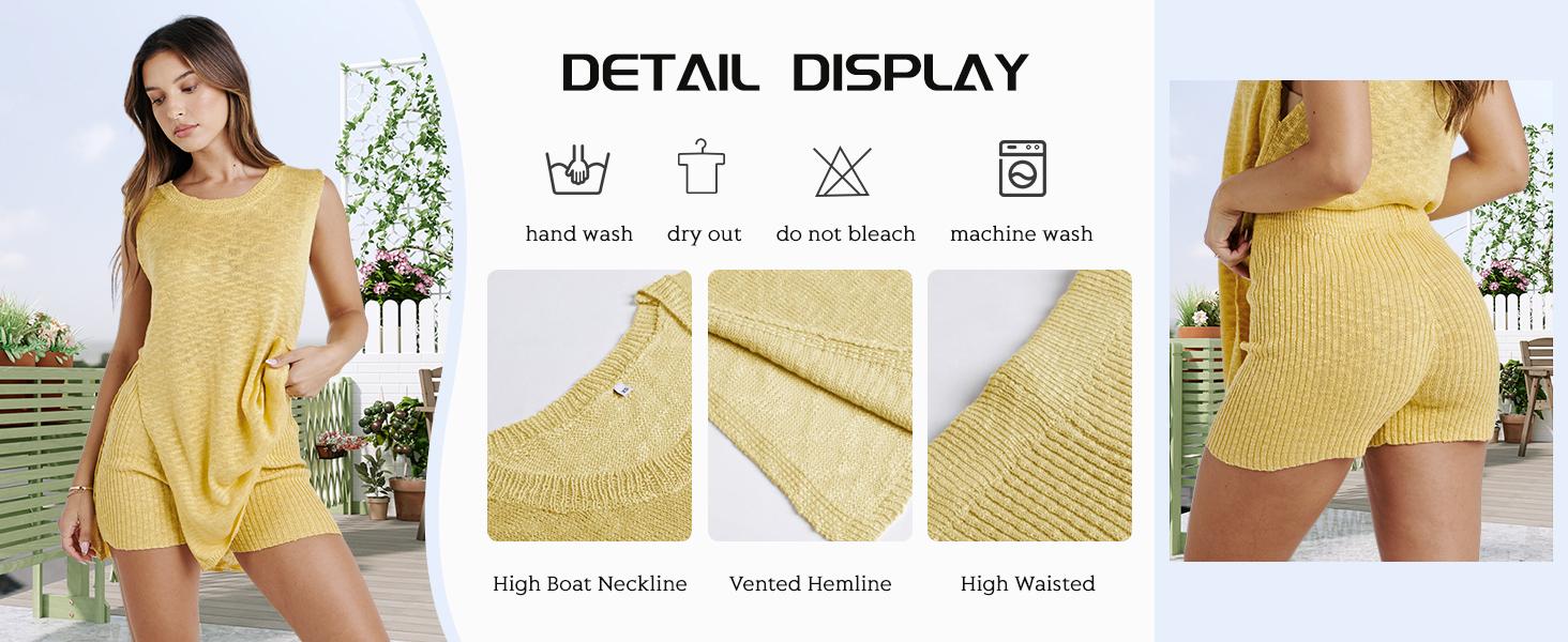 SCUSTY Women's 2 Piece Outfits Summer Knit Sweater Set Sleeveless Tunic Top Matching Shorts Trendy Beach Vacation Sets Loungesetwomen Suits Clothes Womenswear Basic Beige