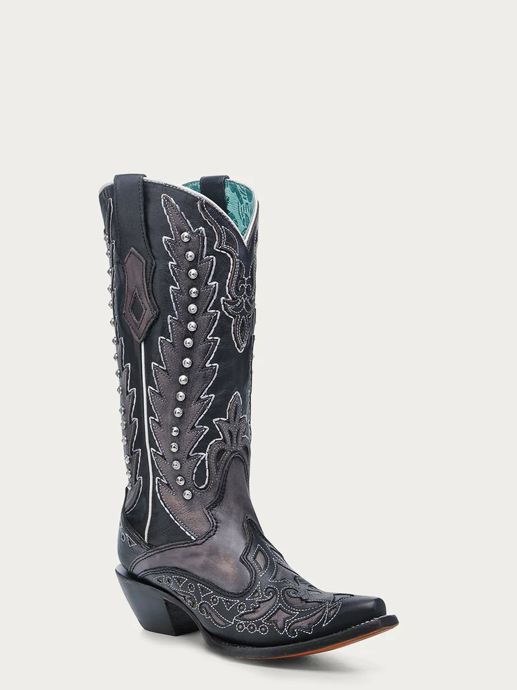 C4160 - WOMEN'S BLACK OVERLAY EMBROIDERY AND STUDS SNIP TOE WHITE COWBOY BOOT