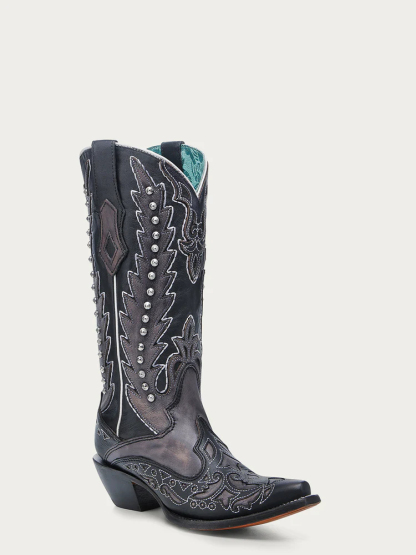C4160 - WOMEN'S BLACK OVERLAY EMBROIDERY AND STUDS SNIP TOE WHITE COWBOY BOOT