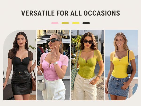 FeelinGirl Women Short Sleeve Bodysuit Tummy Control Shapewear Mesh Ruched One Piece Leotard Shirts Going Out Tops FeelinGirl Women Short Sleeve Bodysuit Tummy Control Shapewear Mesh Ruched One Piece Leotard Shirts Going Out Tops