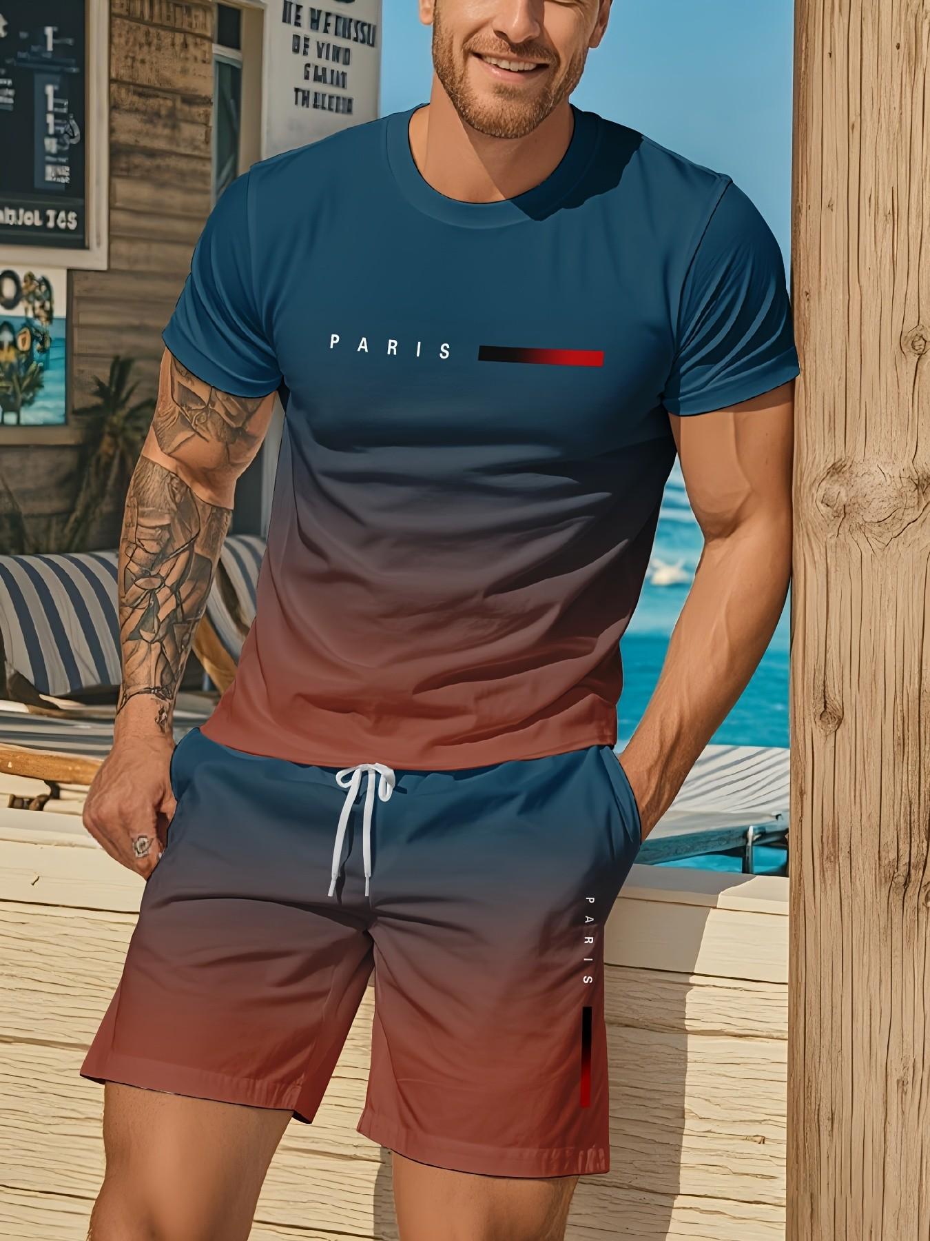 Men's Gradient Fitness Short Sleeve Set, Summer Trendy Sportswear Casual Two-Piece, Fitted Tee and Shorts, Regular Length, Workout Sets