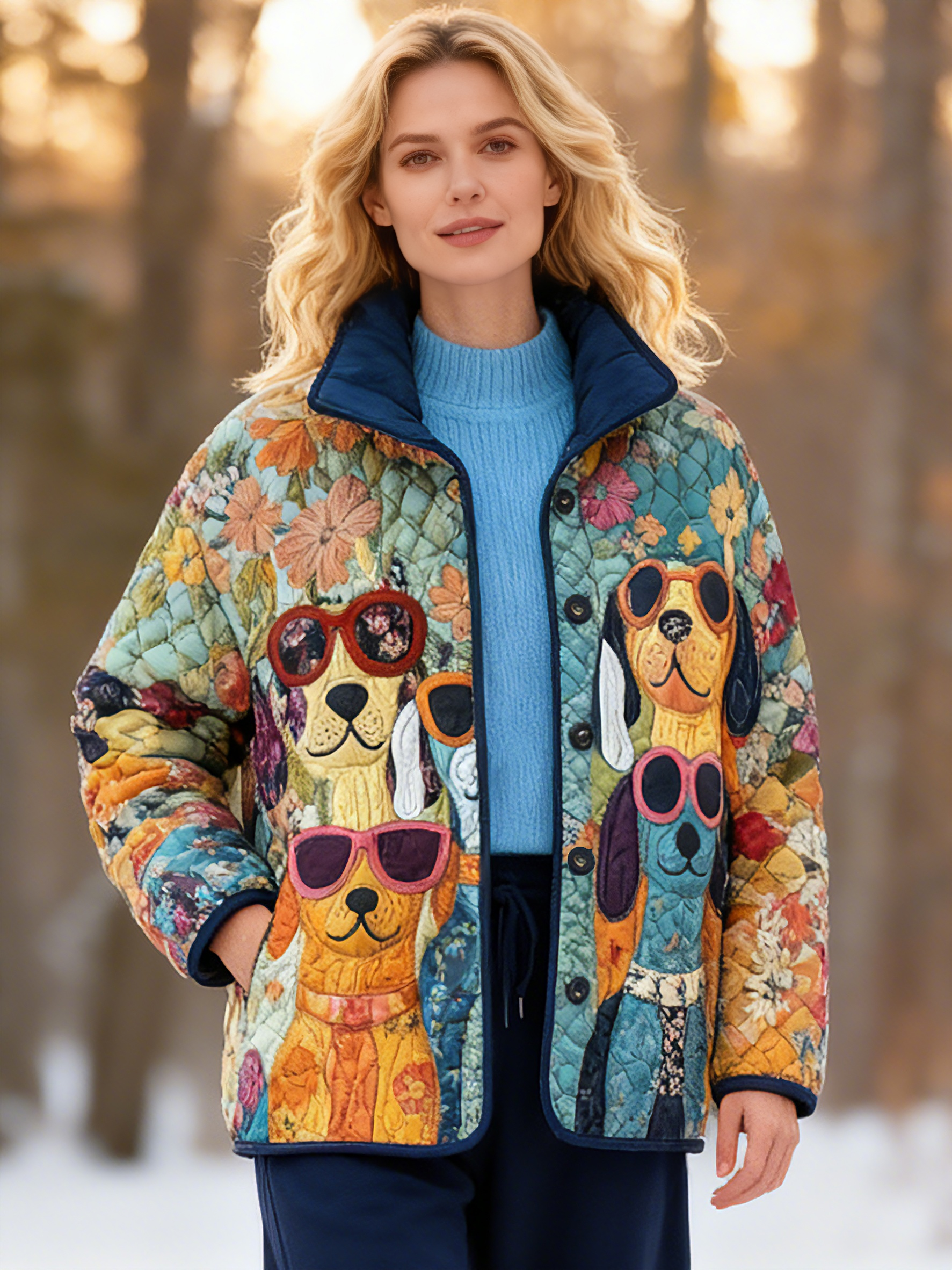 Stylish Sunglasses Dog & Floral Quilted Puffer Jacket Stand-Collar Casual Coat 