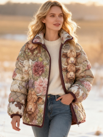 Vintage Highland Cow & Floral Print  Quilted Puffer Jacket Stand-Collar Casual Coat 