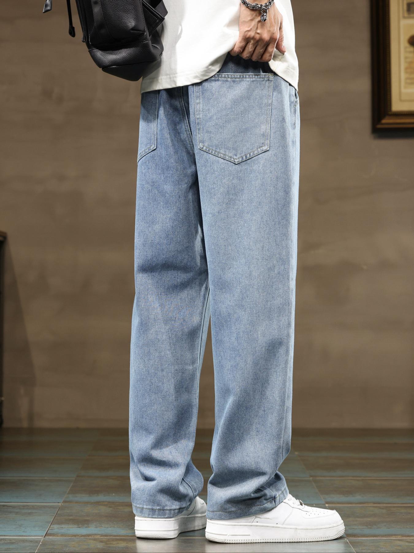 Men's drawstring waist straight-cut jeans, solid-colored Classic casual versatile non-stretch denim trousers, well-fitted straight-cut style, suitable for year-round wear, slightly smaller sizing recommended to order one size up