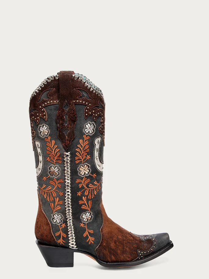 A4863 - WOMEN'S HONEY HORSESHOE OVERLAY EMBROIDERY STUDS HANDWOVEN SNIP TOE COWBOY BOOT