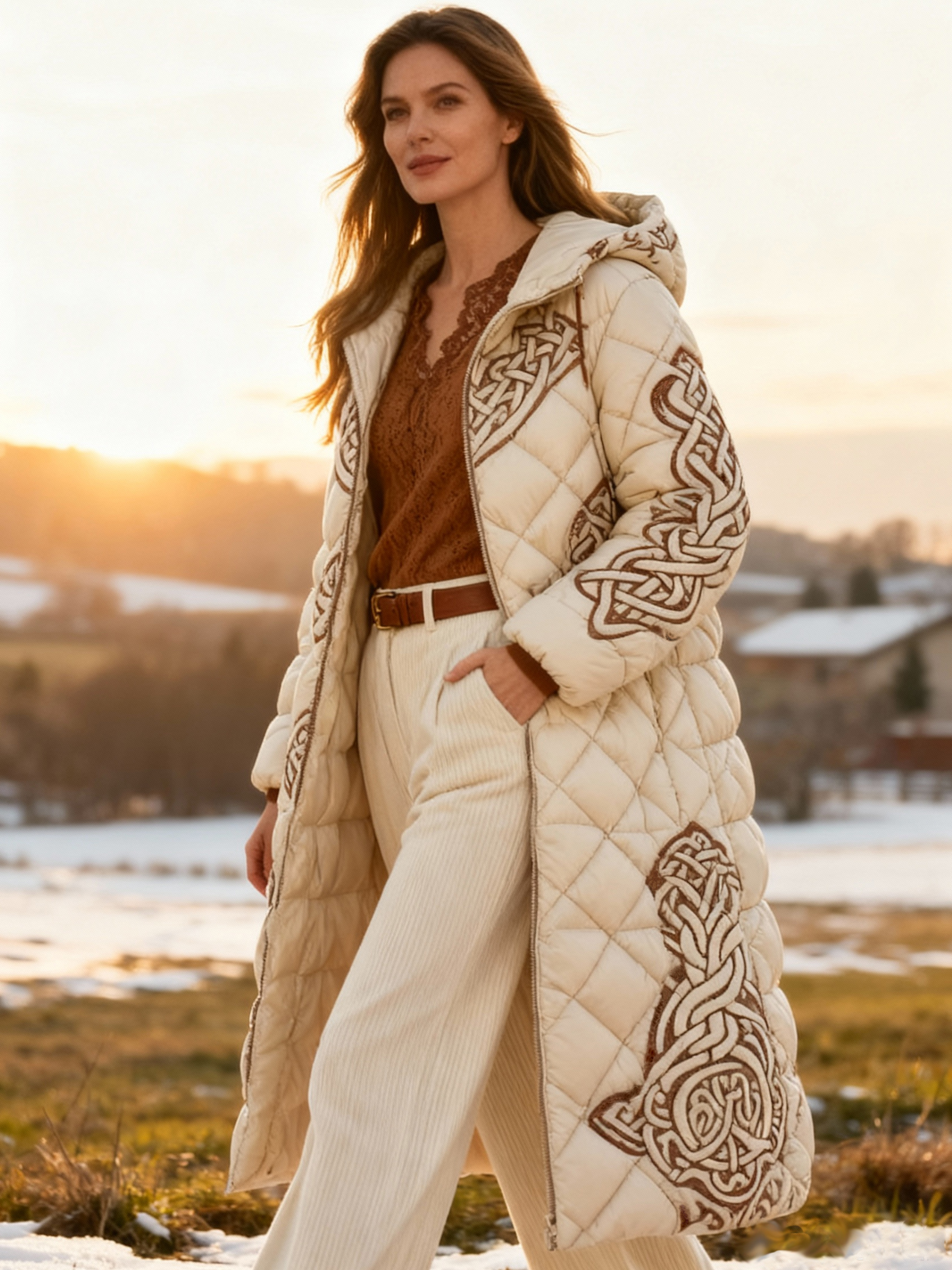 Elegant Celtic Knot Embroidery Warm Coat Long Hooded Quilted Jacket