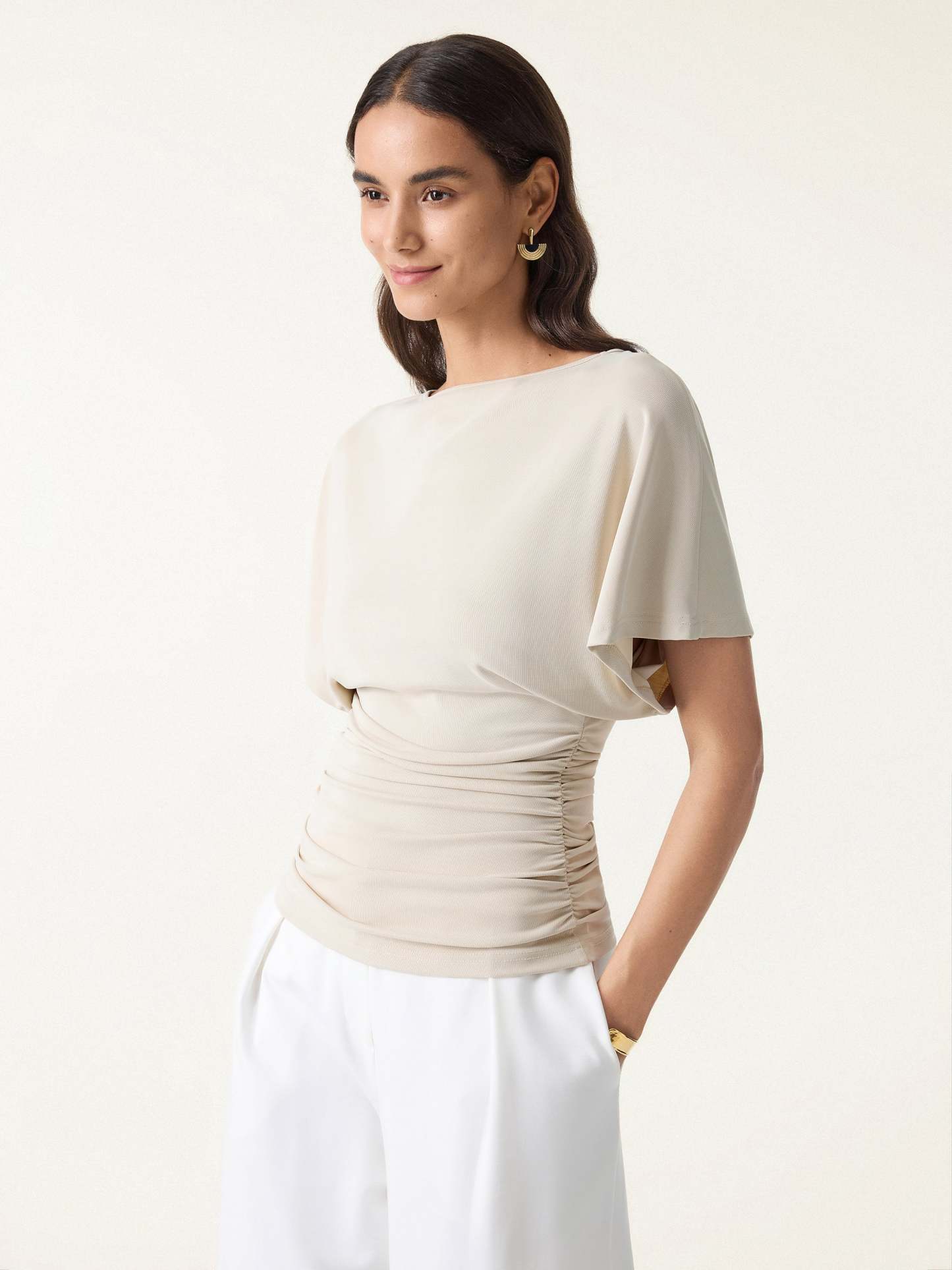Effortless Boatneck Batwing Sleeve Side Ruched Top