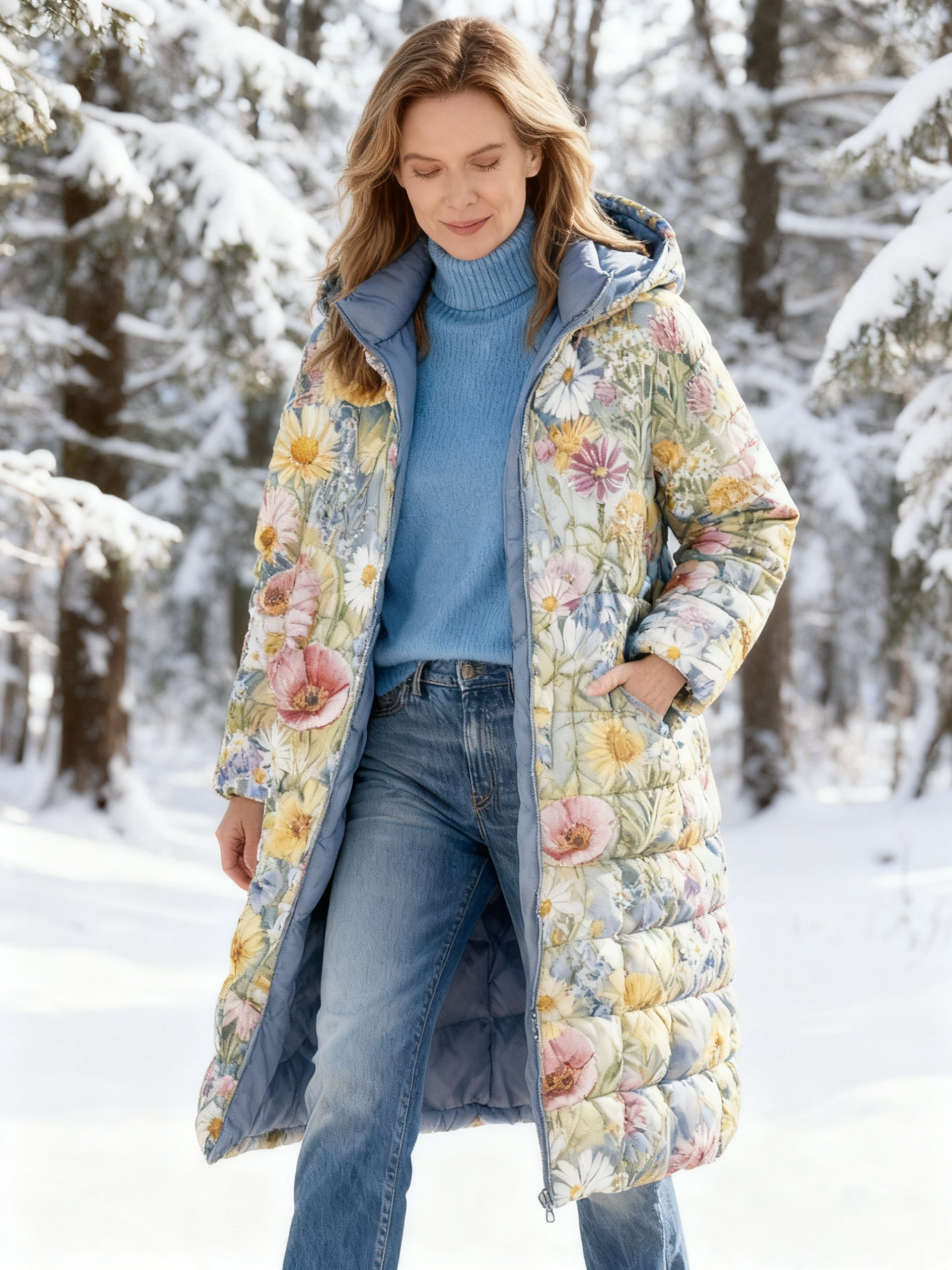 Casual Watercolor Floral Print Warm Coat Long Hooded Quilted Jacket