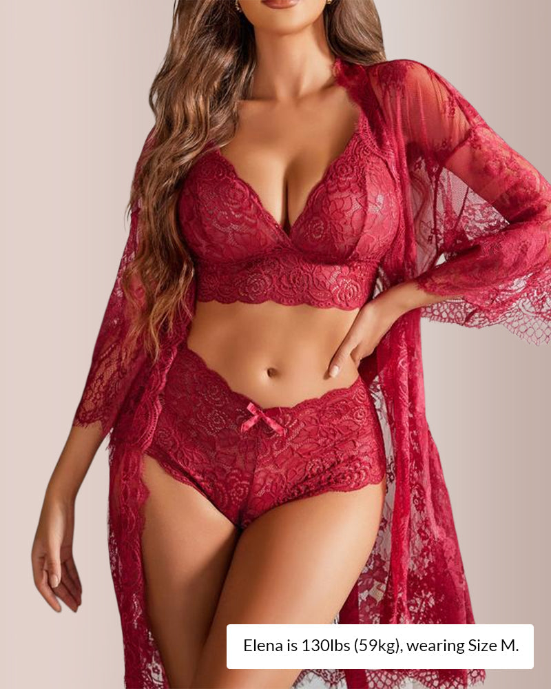 Women's 3-Piece Sheer Lace Sleepwear Set Sexy Lingerie Bra & Panty Lace Robe Set