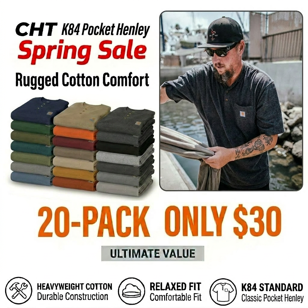 🔥Last Day Promotion!🔥CHT Men's K84 Workwear Loose Fit Heavyweight POLOS Henley T-Shirt(Also Available in Big & Tall)
