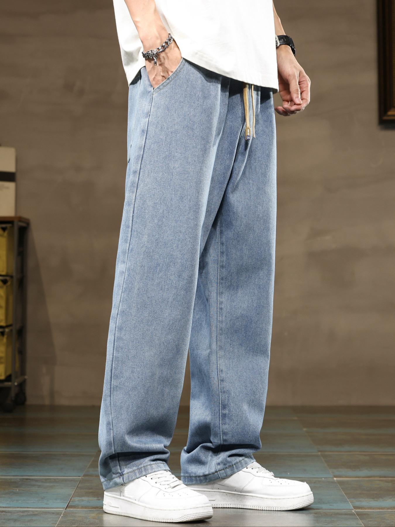 Men's drawstring waist straight-cut jeans, solid-colored Classic casual versatile non-stretch denim trousers, well-fitted straight-cut style, suitable for year-round wear, slightly smaller sizing recommended to order one size up