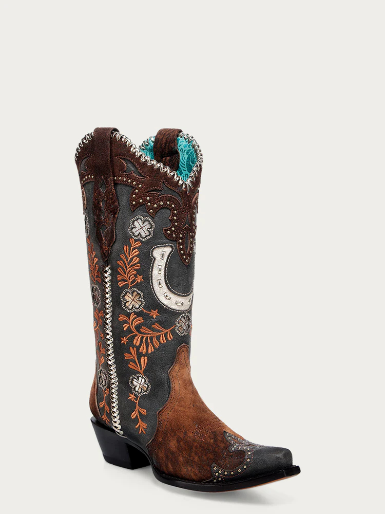 A4863 - WOMEN'S HONEY HORSESHOE OVERLAY EMBROIDERY STUDS HANDWOVEN SNIP TOE COWBOY BOOT
