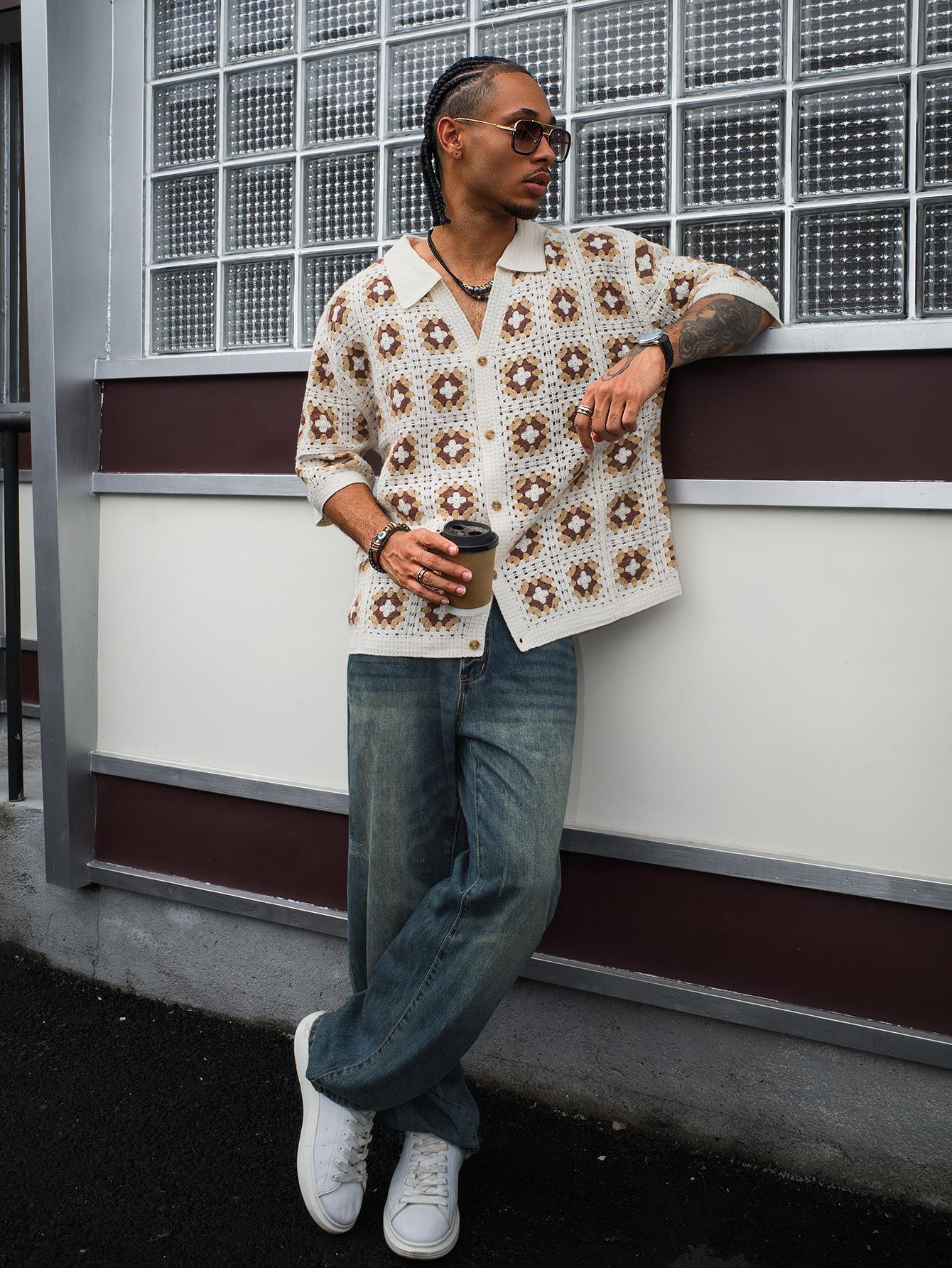Men's Summer Cool Knitted Short-Sleeve Shirt Baby Blue Boho Vacation Casualwear Loose Fit Collared Button Closure All-Over Print Menswear Acrylic Knitwear Men's Summer Cool Knitted Short-Sleeve Shirt Baby Blue Boho Vacation Casualwear Loose Fit Collared Button Closure All-Over Print Menswear Acrylic Knitwear