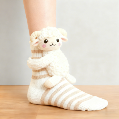 3D Cute Lamb Socks - Cream&Brown Striped