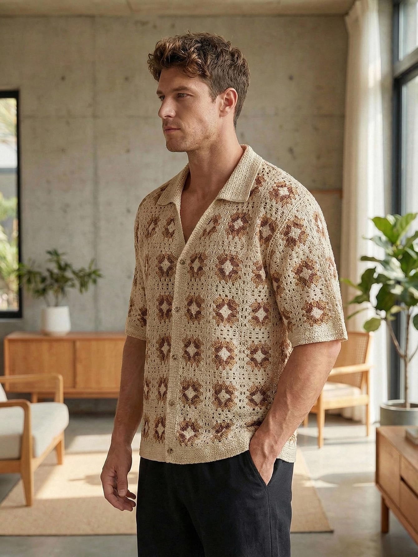 Men's Crochet Knit Button Down Shirt Short-Sleeve Boho Vacation Beach Shirt