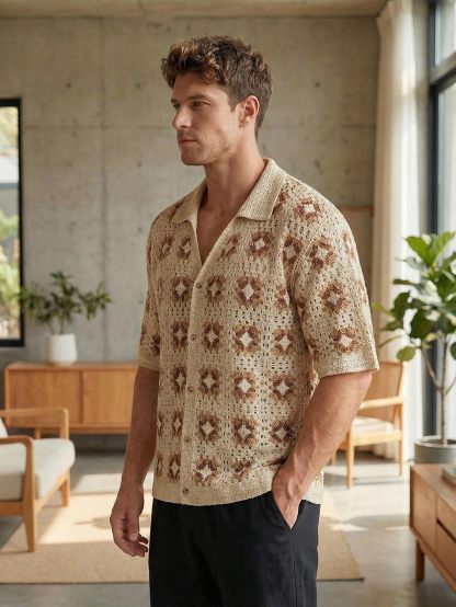 Men's Crochet Knit Button Down Shirt Short-Sleeve Boho Vacation Beach Shirt