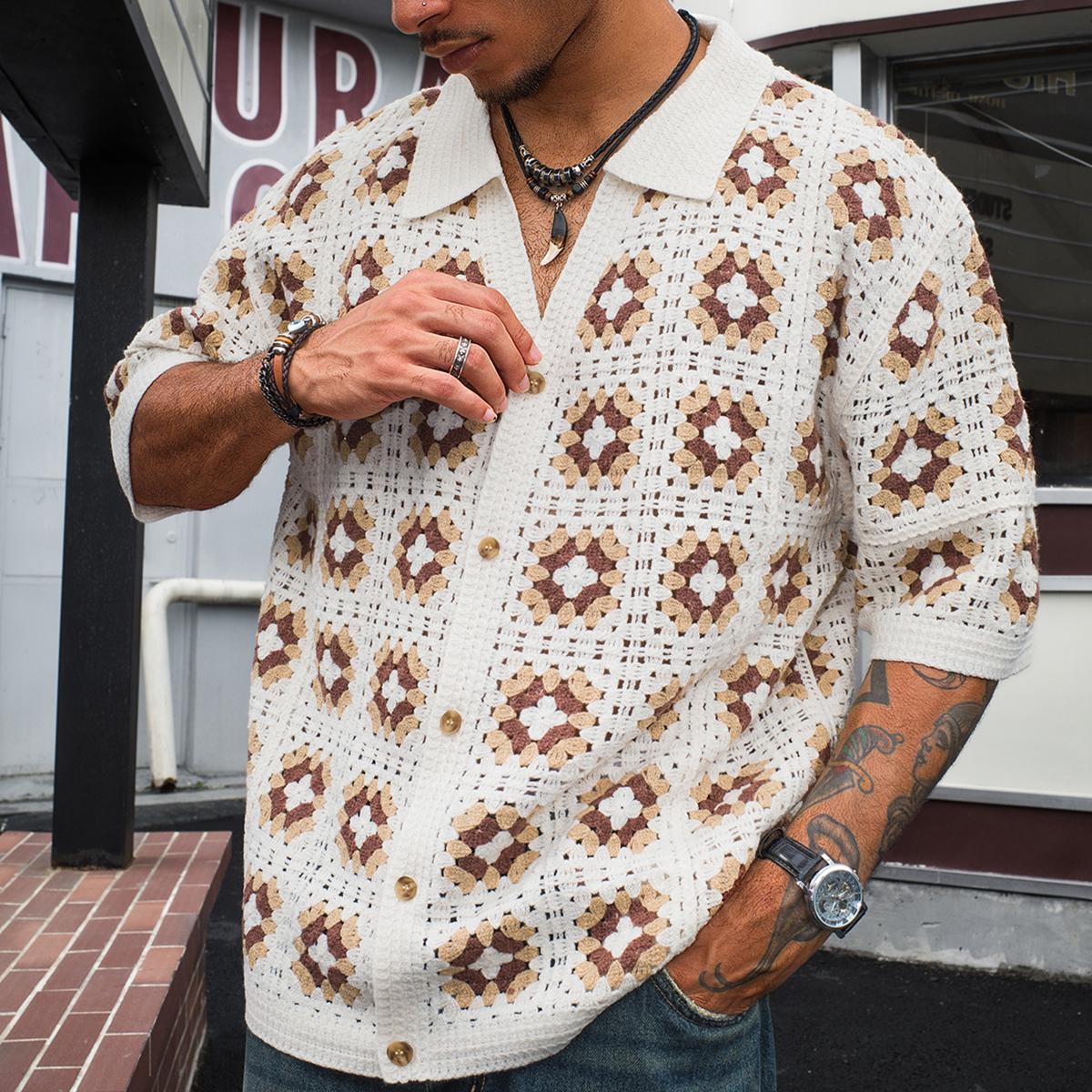 Men's Summer Cool Knitted Short-Sleeve Shirt Baby Blue Boho Vacation Casualwear Loose Fit Collared Button Closure All-Over Print Menswear Acrylic Knitwear Men's Summer Cool Knitted Short-Sleeve Shirt Baby Blue Boho Vacation Casualwear Loose Fit Collared Button Closure All-Over Print Menswear Acrylic Knitwear