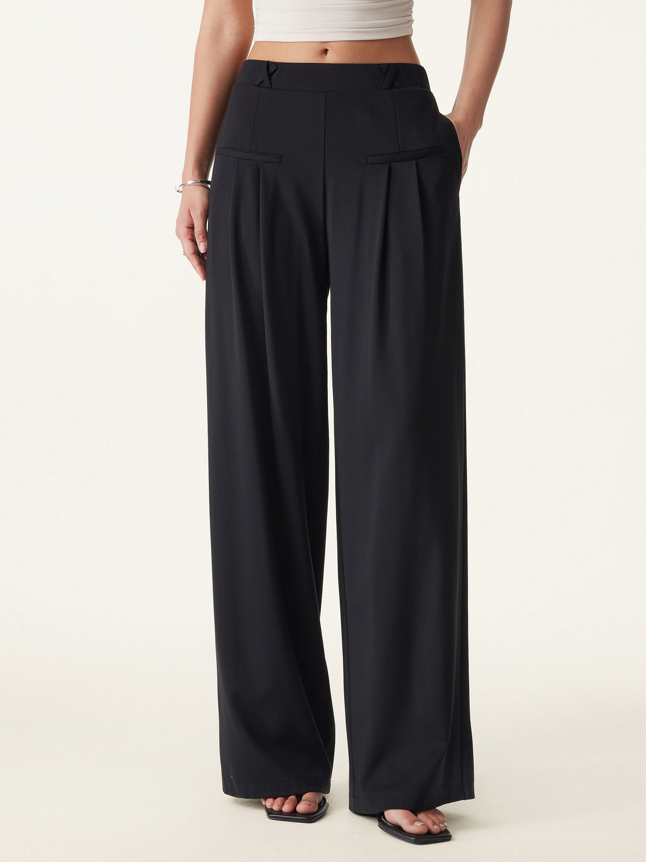 Drapey Bamboo Ponte Mid Rise Wide Leg Trouser with Pockets