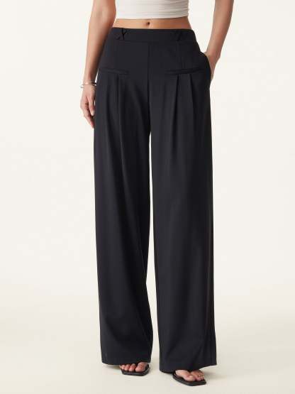 Drapey Bamboo Ponte Mid Rise Wide Leg Trouser with Pockets