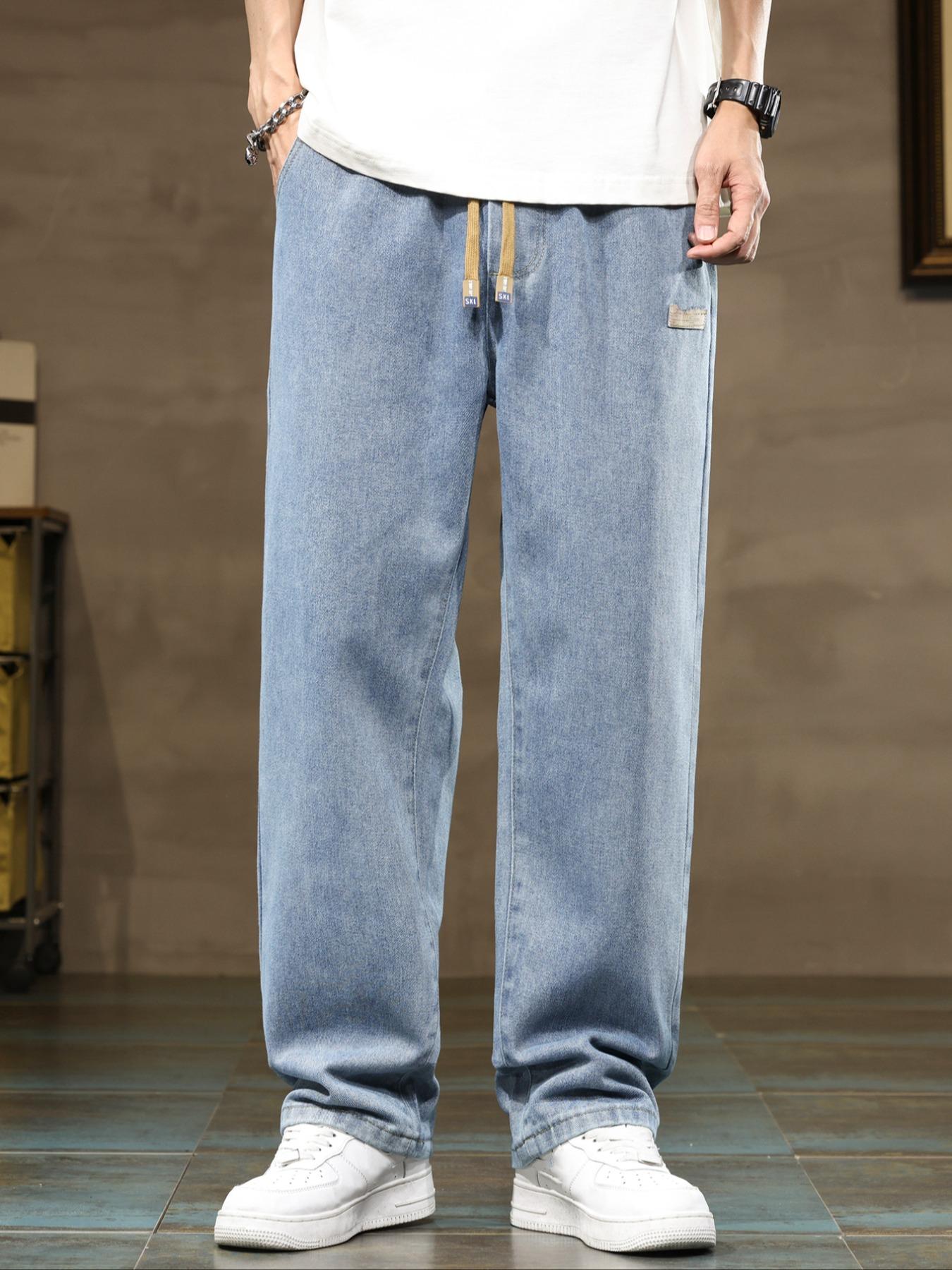 Men's drawstring waist straight-cut jeans, solid-colored Classic casual versatile non-stretch denim trousers, well-fitted straight-cut style, suitable for year-round wear, slightly smaller sizing recommended to order one size up