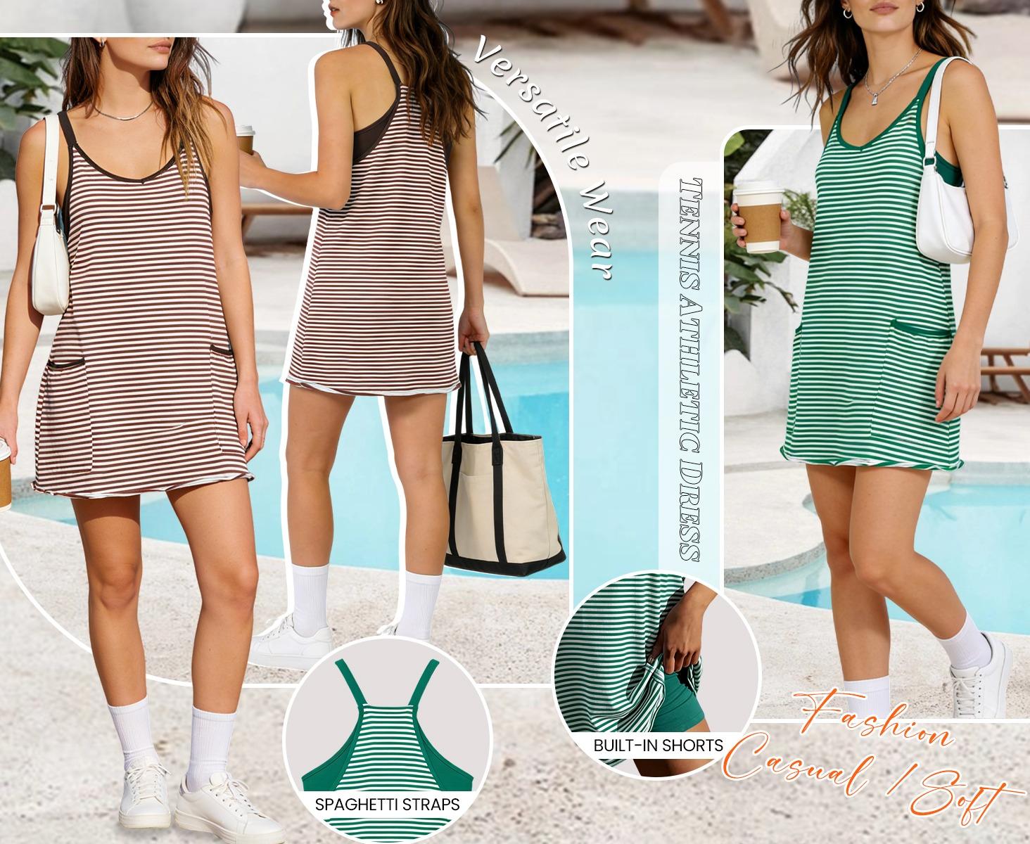 Tanming Women's Summer Athletic Mini Dress Sleeveless V Neck Built-in Shorts Striped Tennis Workout Vacation