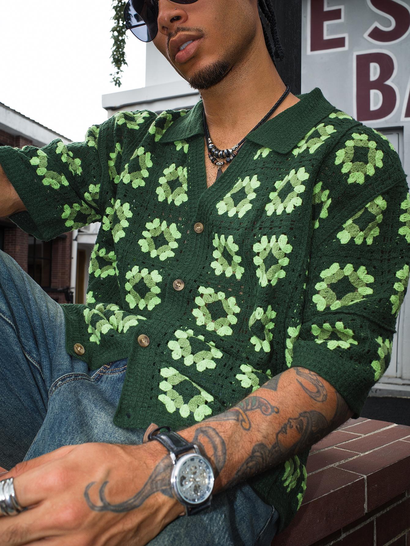 Men's Summer Cool Knitted Short-Sleeve Shirt Baby Blue Boho Vacation Casualwear Loose Fit Collared Button Closure All-Over Print Menswear Acrylic Knitwear Men's Summer Cool Knitted Short-Sleeve Shirt Baby Blue Boho Vacation Casualwear Loose Fit Collared Button Closure All-Over Print Menswear Acrylic Knitwear