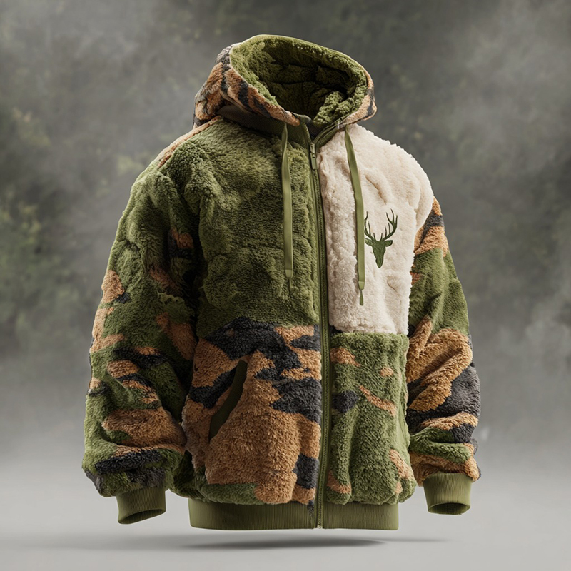 Men's Retro Camouflage And Deer Pattern Plush Warm Zip-up Jacket